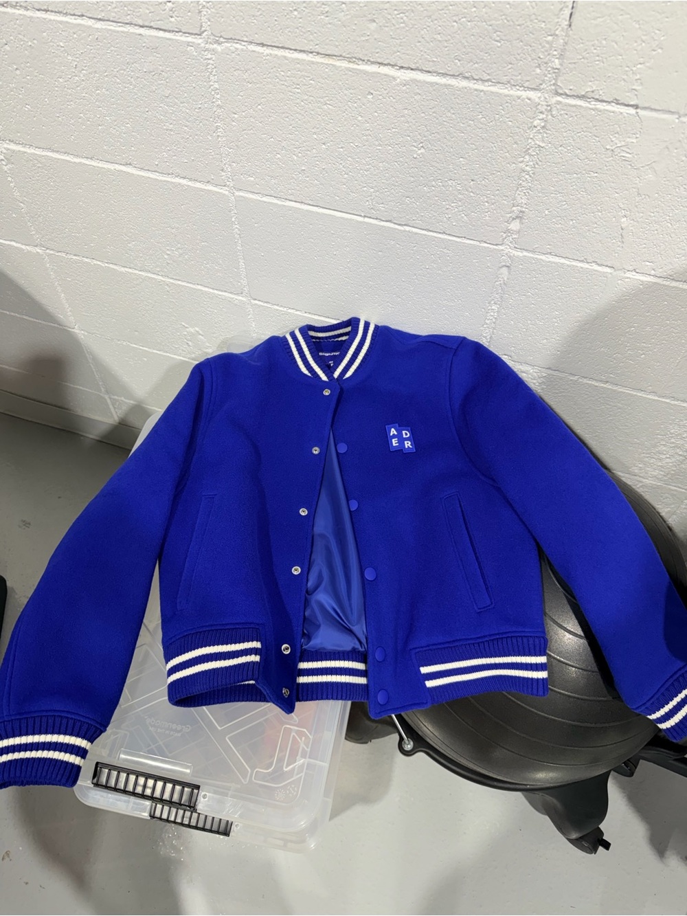 ADER Style Royal Blue Varsity Jacket with Contrast Stripe Ribbing